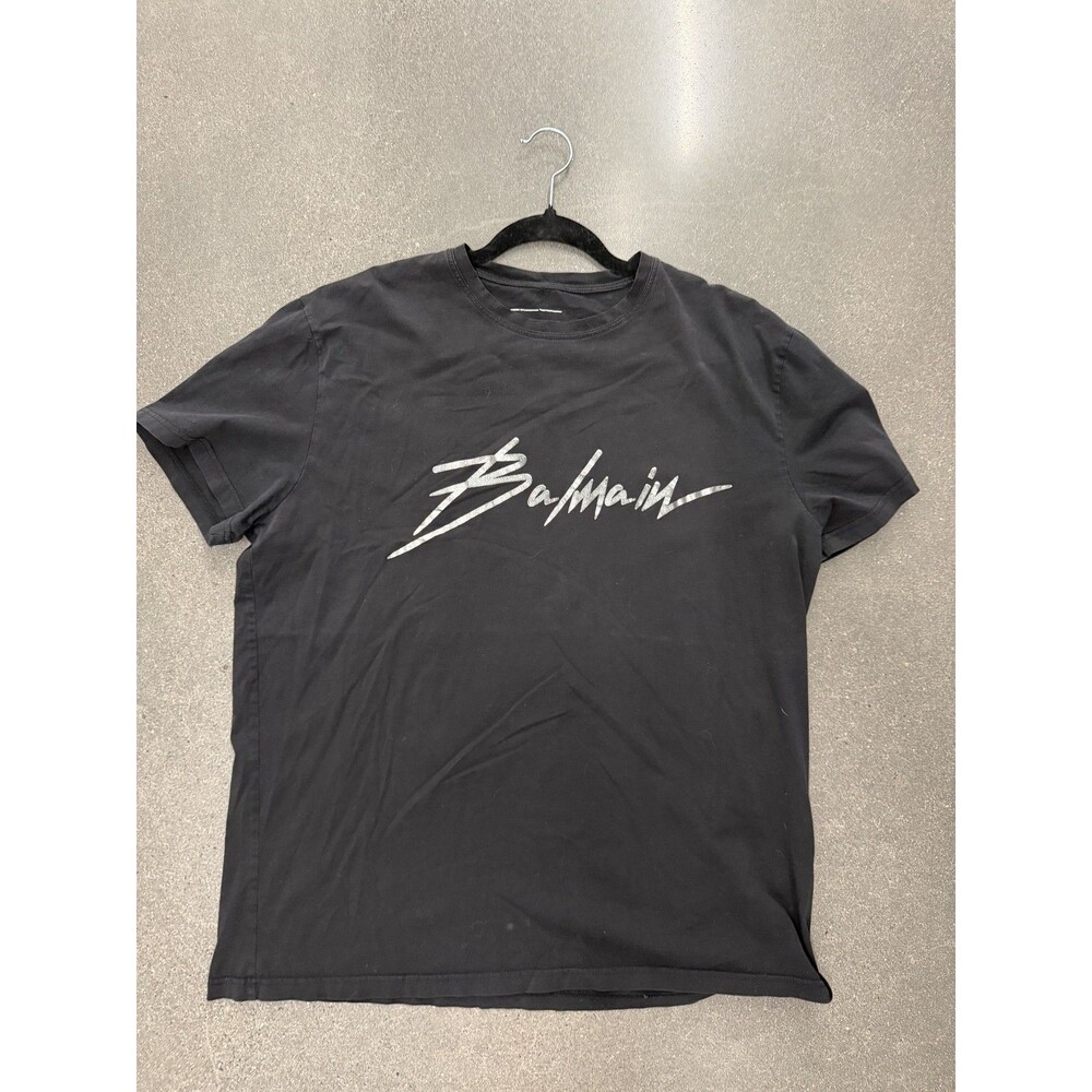 Balmain Paris Cursive Logo T Shirt Mens Size 2XL Black Silver Script Metallic
